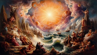 Humanity ascending to enlightenment amidst celestial light and stormy 