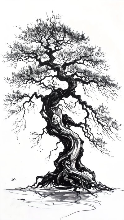 Black and white ink drawing of ancient twisted tree with roots
