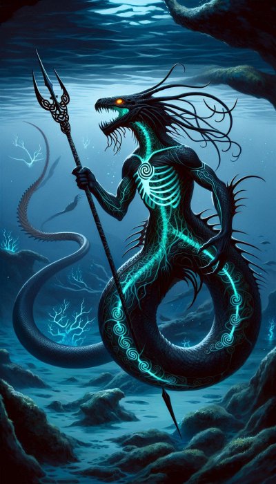 Dark glowing sea serpent creature holding trident underwater