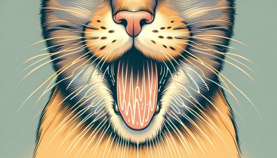 Illustration of a yawning cat with open mouth, tongue, and whiskers