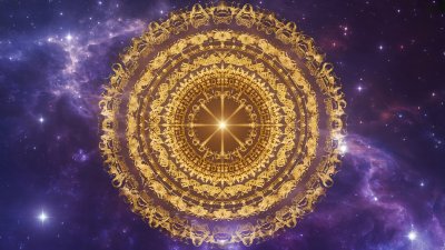 Golden cosmic mandala radiating celestial energy in a starry nebula