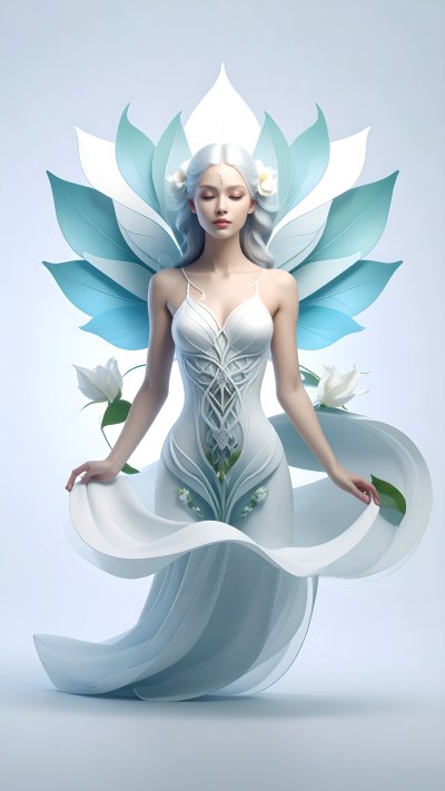 Ethereal woman in elegant white dress surrounded by large petals