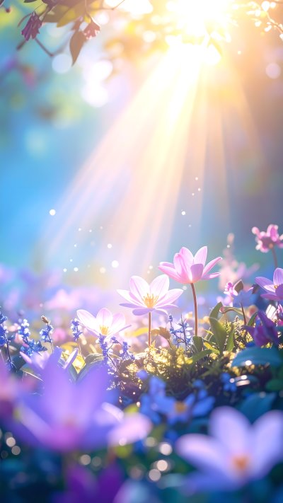 Bright sunlight rays on a field of purple and pink spring flowers