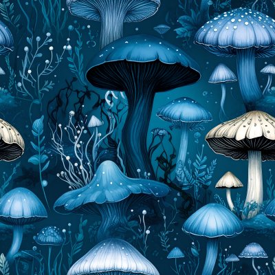 Seamless pattern of blue fantasy mushrooms and mystical plants