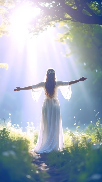 Woman with outstretched arms in sunlit forest clearing