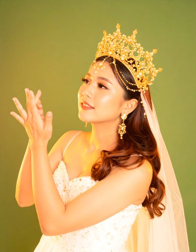 Ethereal bride with golden crown and beadwork, bathed in warm light.