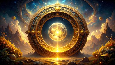 Golden portal framing luminous moon over landscape, magic