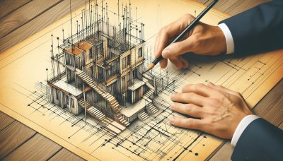 Architect sketching building design on blueprint