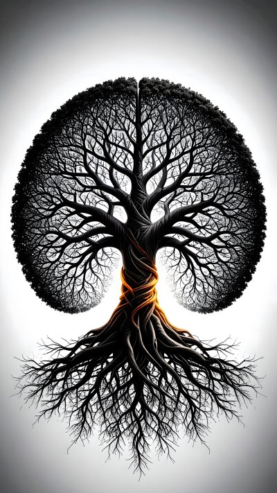 Dark stylized tree w/ tangled roots & branches, glowing orange trunk