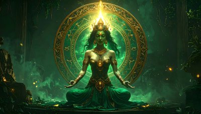 Mystical green goddess in enchanted forest, glowing mandala