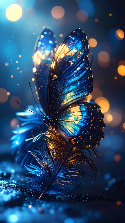 Glowing blue butterfly on a feather with bokeh lights and dust