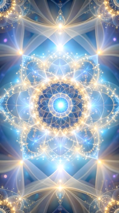 Spiritual fractal mandala radiating light and energy in blue and gold
