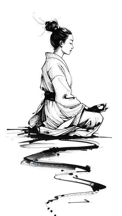 Ink drawing of person meditating in robe with abstract ink wash