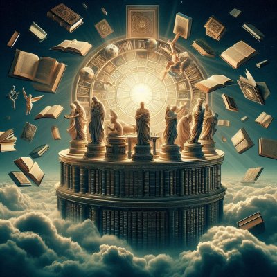 Ancient library of books supports scholars, celestial dial, flying boo