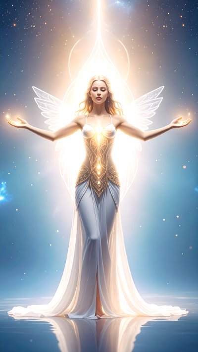Radiant angelic woman with glowing wings over water in ethereal light.