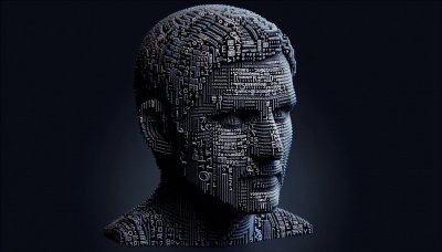Human head made of circuits and code, AI concept on dark background.