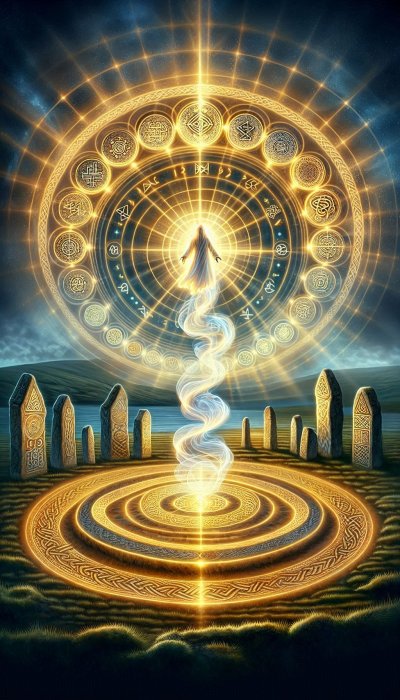 Radiant figure ascending from a stone circle in a glowing energy field