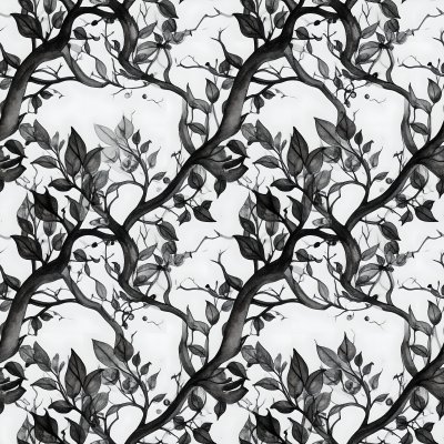 Monochrome seamless watercolor pattern of tree branches and leaves
