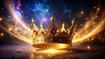 Jeweled golden crown amidst swirling stardust
