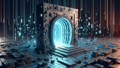 Futuristic digital portal on tech landscape with falling code