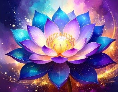 Magical blue/purple lotus with golden light & shimmer.
