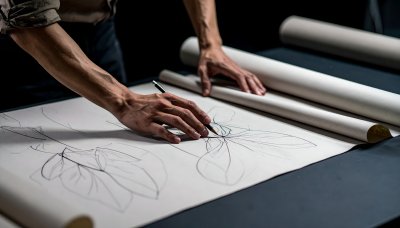 Artist's hands sketching floral patterns on paper, inspired by nature