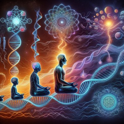 Meditating figures on DNA helix: Evolution, consciousness, spiritualit