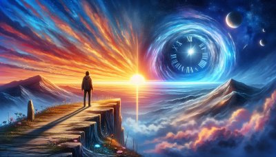 Person views split world of sunset and cosmic time vortex with clock