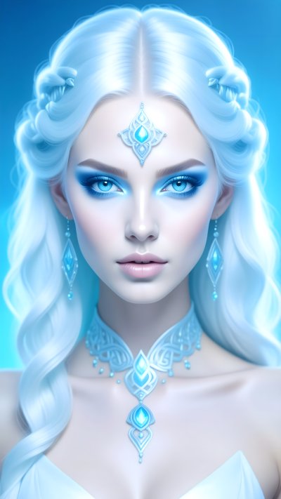 Close-up of woman w/ white blue hair blue eyes crystal jewelry