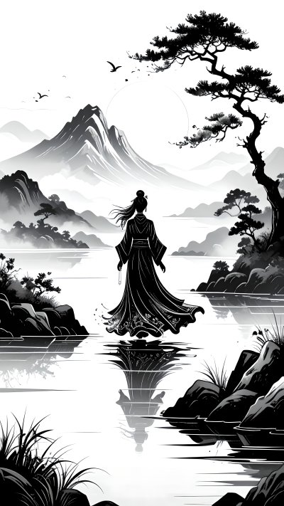 Traditional Chinese ink painting figure in landscape w/ mountains, ...