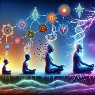 Evolution of Consciousness: Meditating figures and energy systems illu