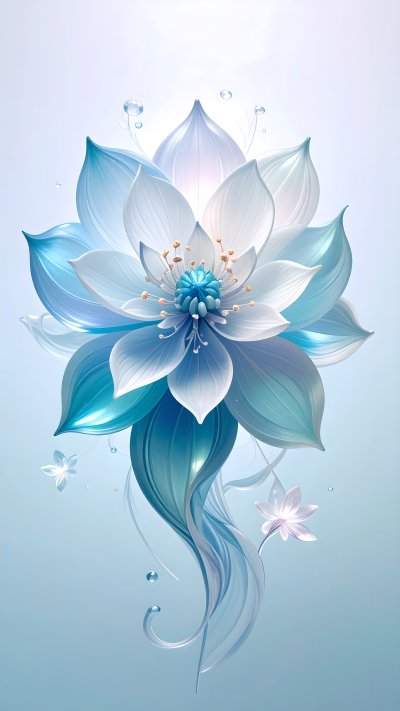 Abstract luminous blue and white lotus flower with water droplets