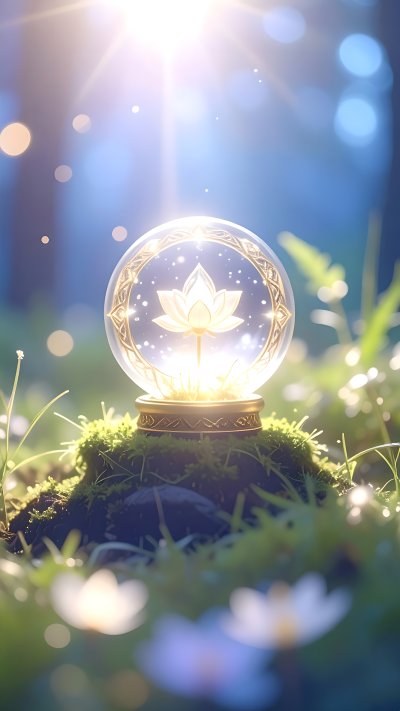 Glowing lotus in a magical glass sphere on moss in sunlit forest