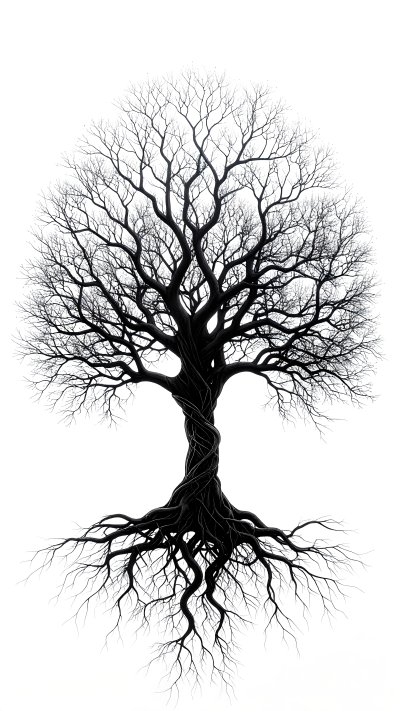 Bare black silhouette tree with twisted trunk and roots on white