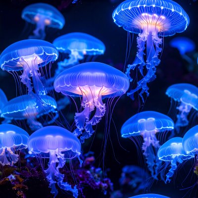 Ethereal glowing blue jellyfish in dark deep water with long tentacles