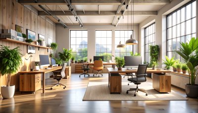 Modern office with natural light and plants, promoting productivity.