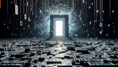 Digital Portal: Futuristic gateway with floating data and geometric sh