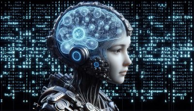 Cyborg portrait with glowing blue brain circuits and binary code backg