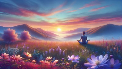 Meditation in Meadow at Sunset: Digital Illustration of Peace and Mind