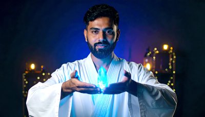 Man in Kimono Holds Glowing Blue Crystal, Evoking Wonder and Mysticism