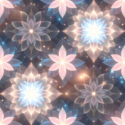 Seamless pattern of glowing translucent pastel flowers on dark back...