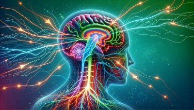 Colorful human head with glowing brain and neural pathways