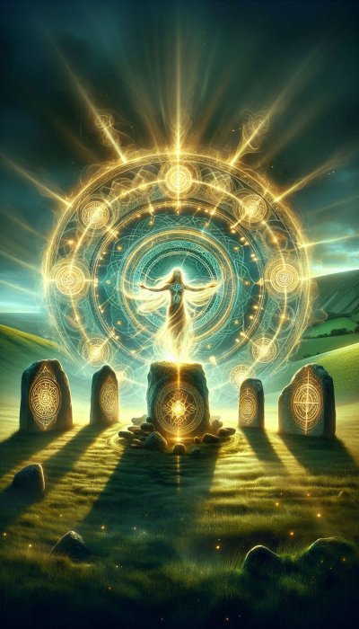 Glowing figure at spiritual portal surrounded by standing stones