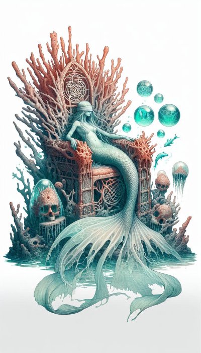 Mermaid on Coral Throne with Bubbles and Jellyfish in Underwater Scene