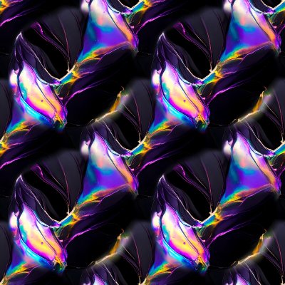 Seamless abstract iridescent fluid pattern w/ glowing colors on black