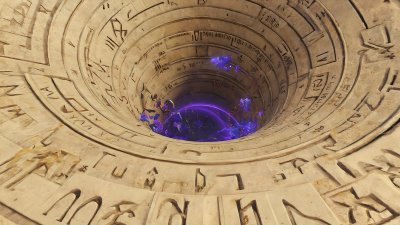 Ancient well with cosmic purple portal and shimmering dust