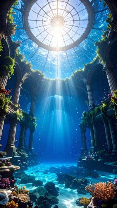 Sunken ruins with glass dome, light rays illuminate coral reef