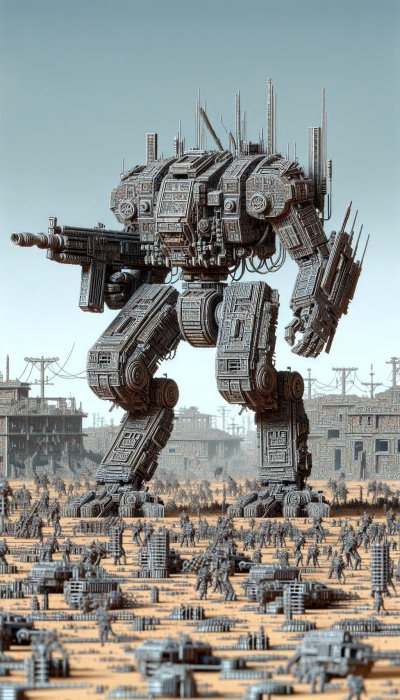 Giant detailed robot in desolate desert with smaller robots & structur