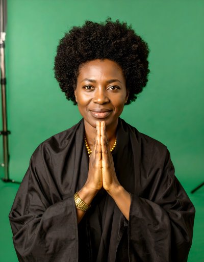 Serene African woman on green screen with hands clasped.