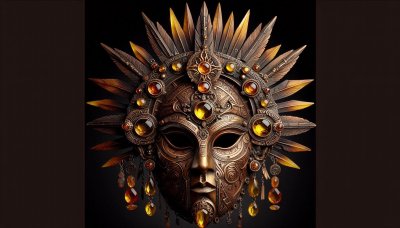 Ornate bronze mask with amber jewels and feathers